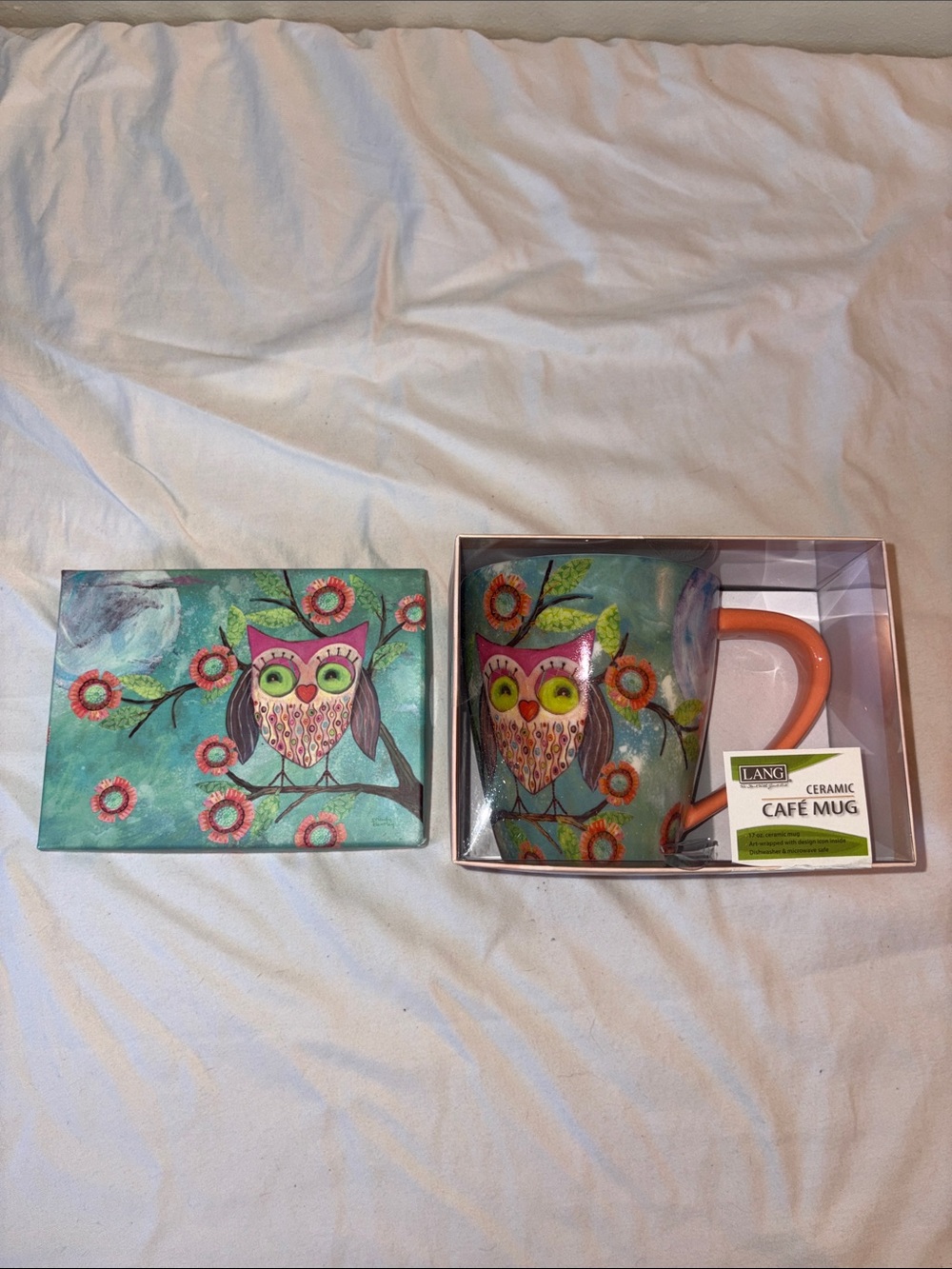 LANG Owl Ceramic Café Mug - Teal with Orange Handle